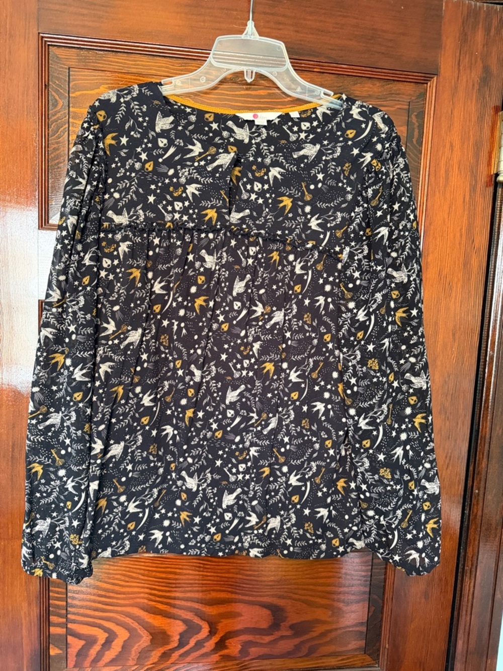 Boden Navy Blue Floral & Bird-Print Long-Sleeve Blouse with Mustard Accents